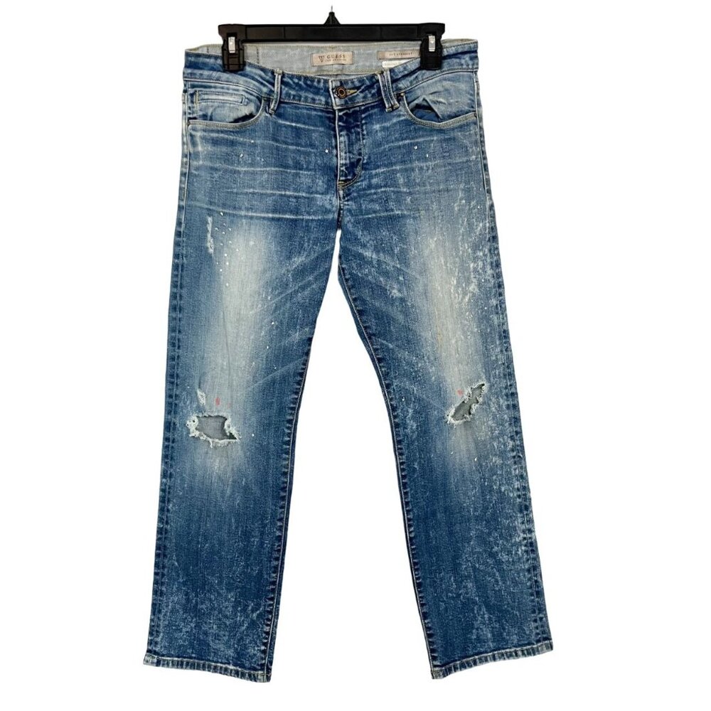 Guess 50's Straight Distressed Paint Splatter Jeans Italian Selvedge Denim Sz 27